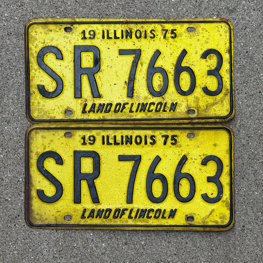 Photo of a 1975 Illinois License Plate Pair Auto Tag Garage Decor Vintage SR 7663 with original patina