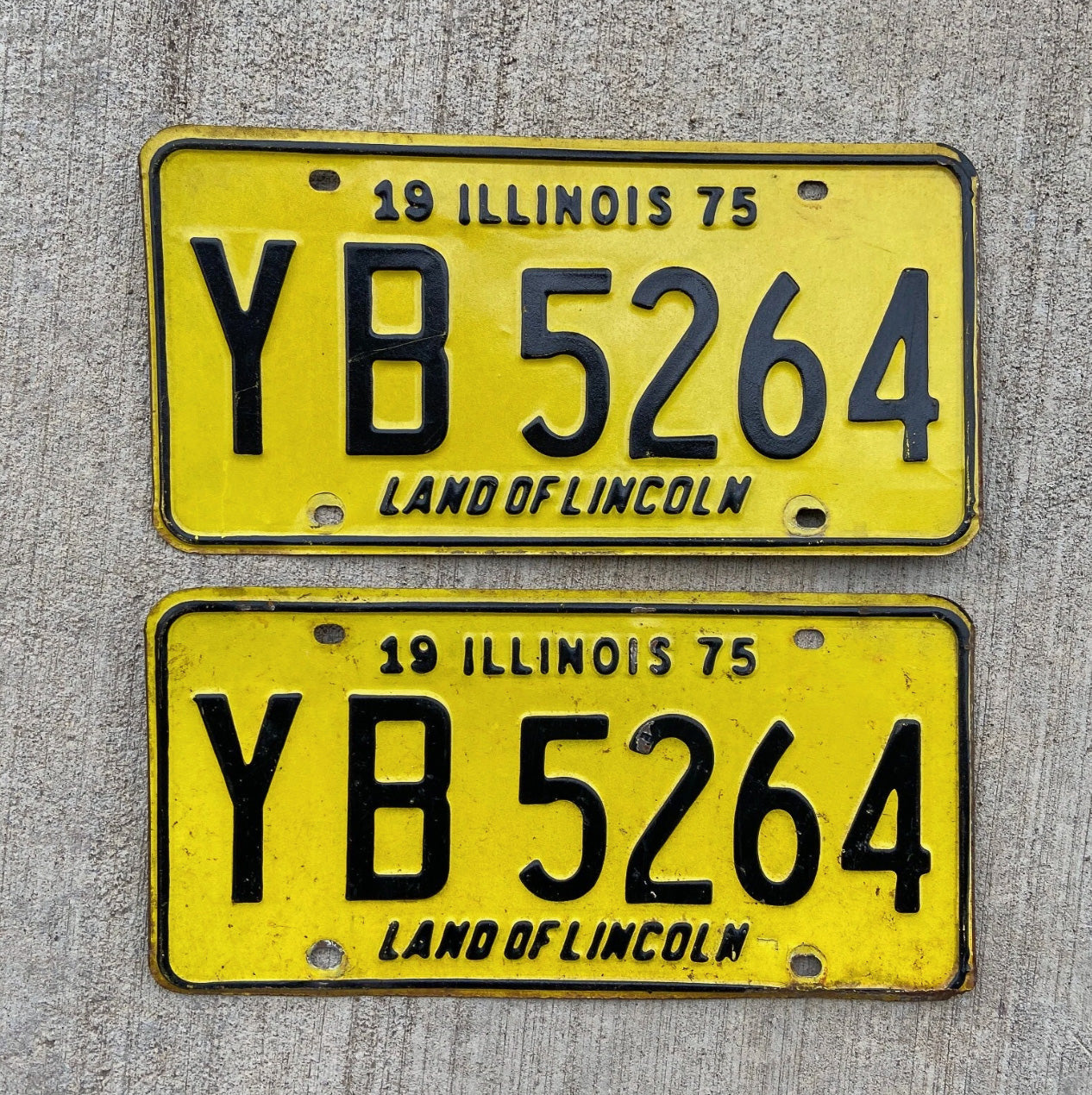 Photo of a 1975 Illinois License Plate Pair Auto Tag Garage Decor Vintage YB 5264 with original patina