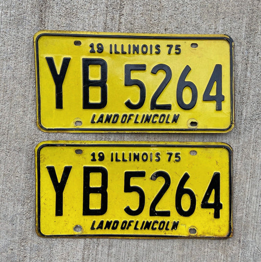 Photo of a 1975 Illinois License Plate Pair Auto Tag Garage Decor Vintage YB 5264 with original patina