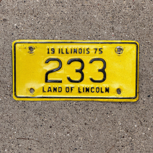 Photo of a 1975 Illinois Motorcycle License Plate Auto Tag Garage Decor Vintage Low Number Three Digit 233 with original patina