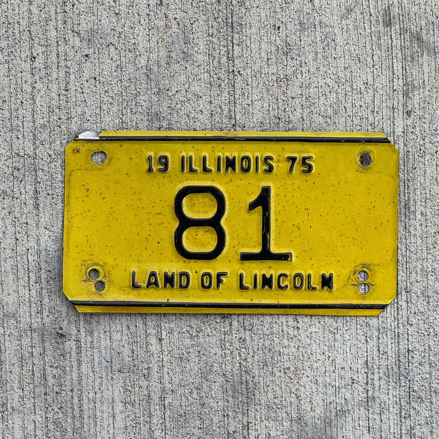 Photo of a 1975 Illinois Motorcycle License Plate Auto Tag Garage Decor Vintage Low Number Two Digit 81 with original patina