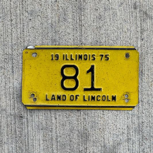 Photo of a 1975 Illinois Motorcycle License Plate Auto Tag Garage Decor Vintage Low Number Two Digit 81 with original patina