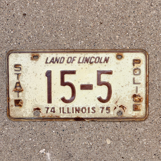 Photo of a 1975 Illinois State Police License Plate Auto Tag Garage Decor Vintage Patrol Cop Trooper 15 5 with original patina