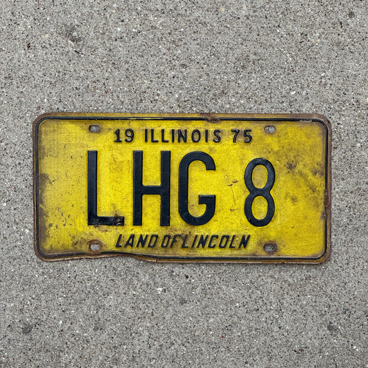 Photo of a 1975 Illinois Vanity License Plate Auto Tag 1 Vintage Garage LHG 8 with original patina