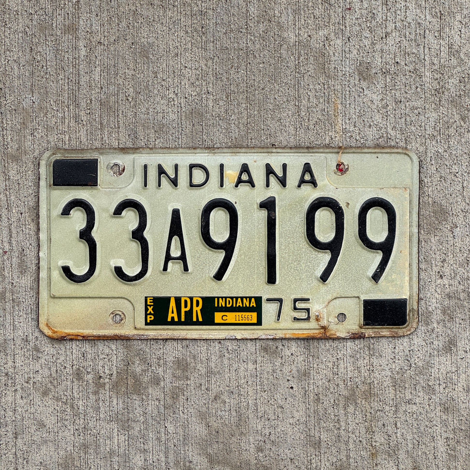 Photo of a 1975 Indiana License Plate Auto Tag Garage Decor Vintage 33 A 9199 with original patina