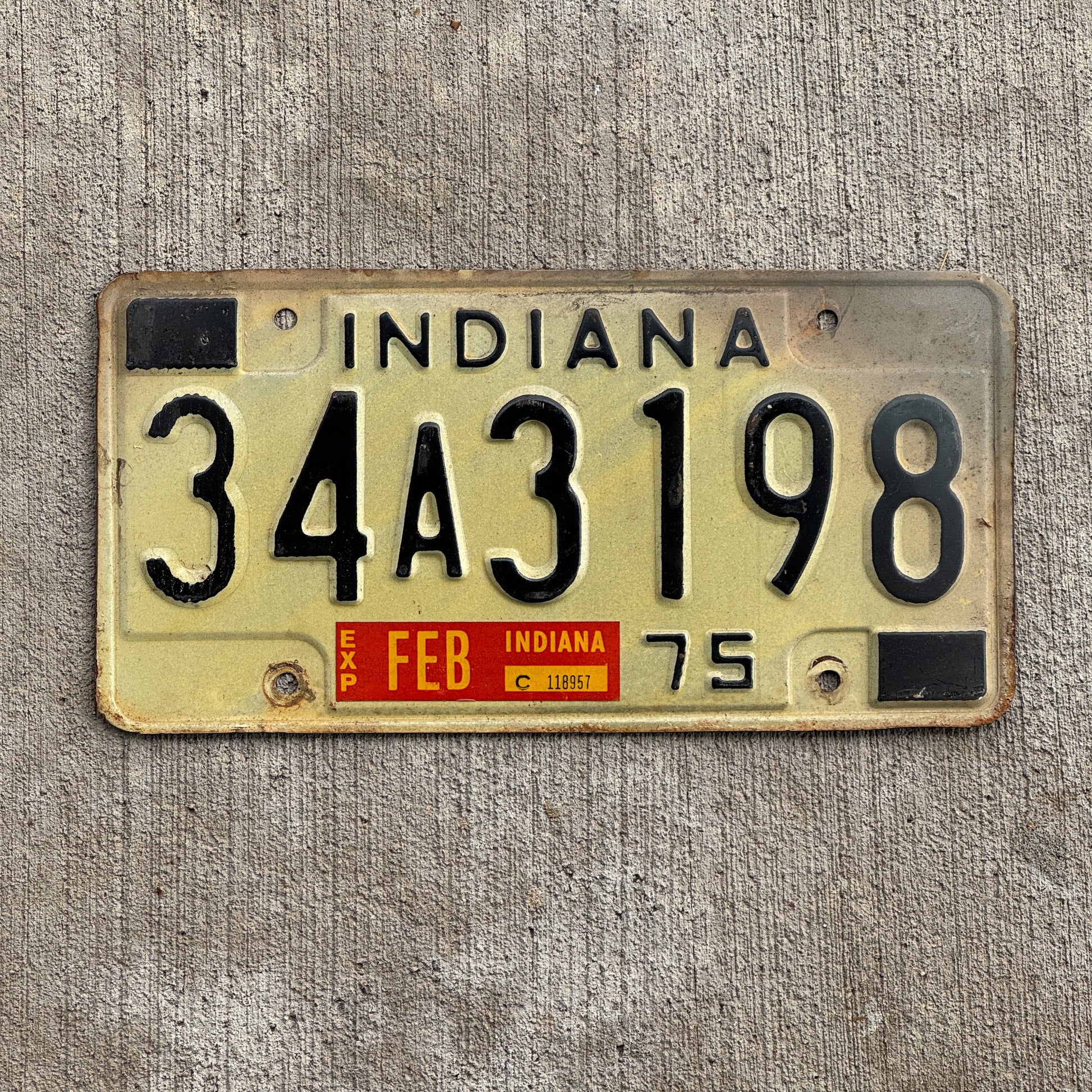 Photo of a 1975 Indiana License Plate Auto Tag Garage Decor Vintage 34 A 3198 with original patina