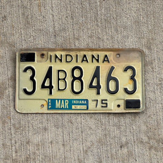 Photo of a 1975 Indiana License Plate Auto Tag Garage Decor Vintage 34 B 8463 with original patina