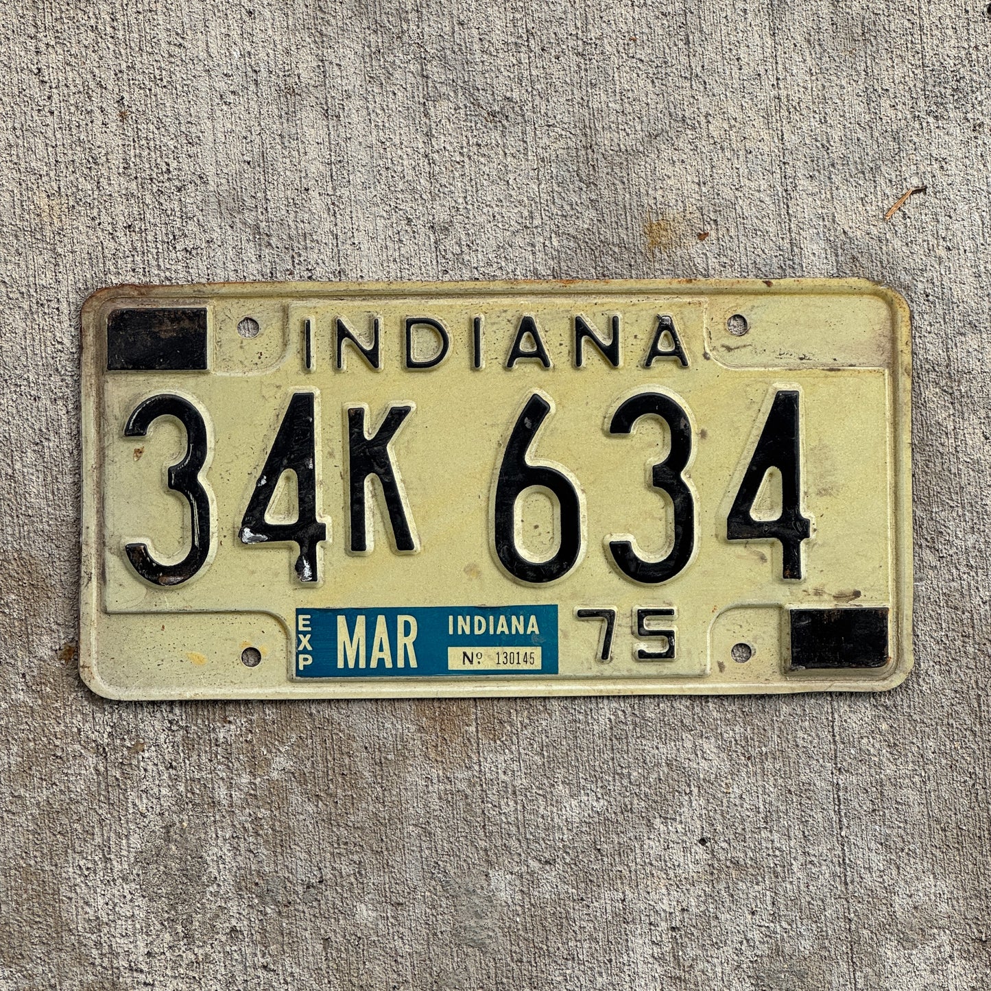 Photo of a 1975 Indiana License Plate Auto Tag Garage Decor Vintage 34 K 634 with original patina