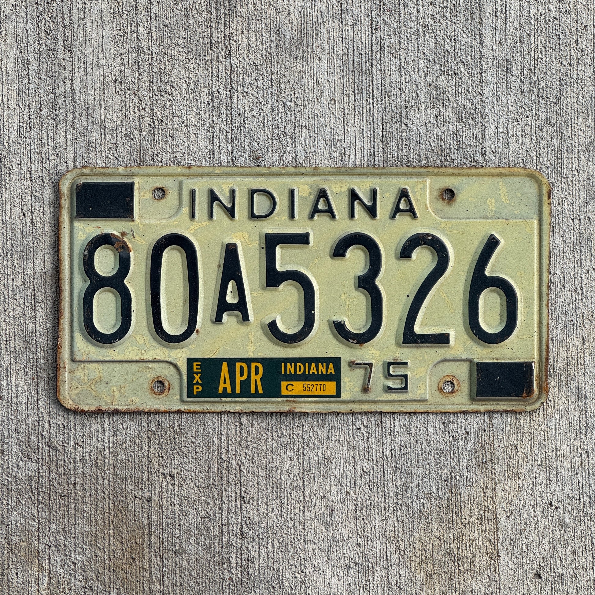 Photo of a 1975 Indiana License Plate Auto Tag Garage Decor Vintage 80 A 5326 with original patina