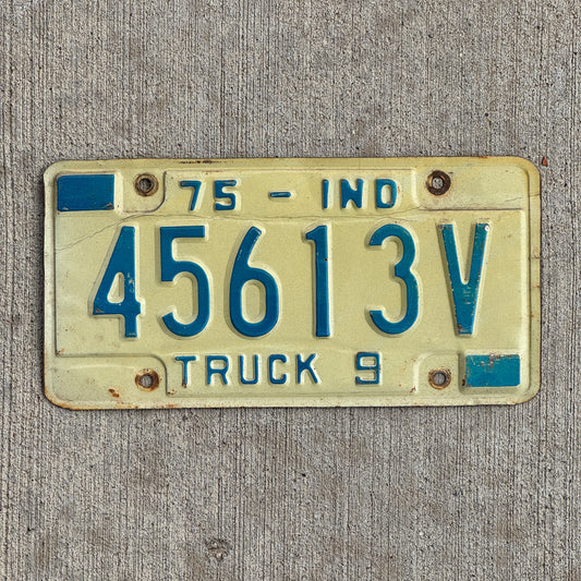Photo of a 1975 Indiana Truck License Plate Auto Tag Garage Decor Vintage 45613 V with original patina