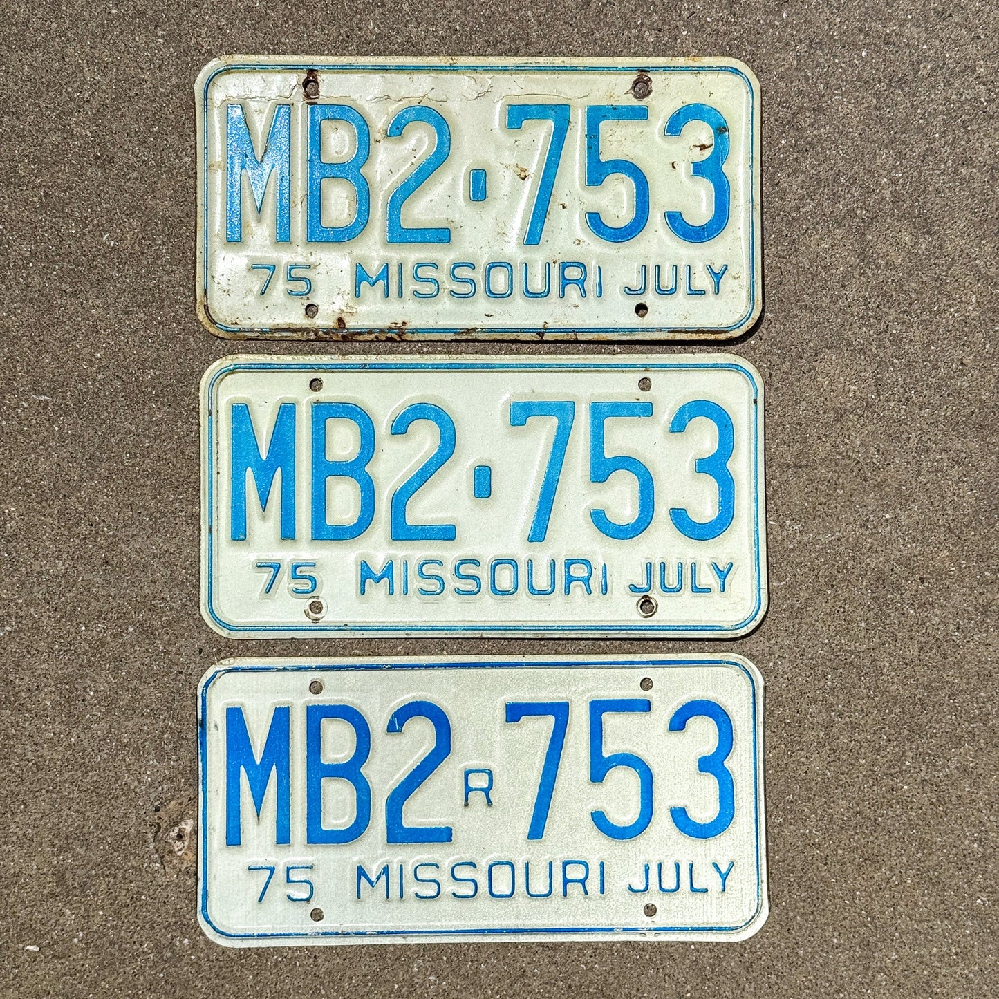 Photo of a 1975 Missouri License Plate Set Auto Tag Garage Decor Vintage Set of 3 with Replacement MB2 753