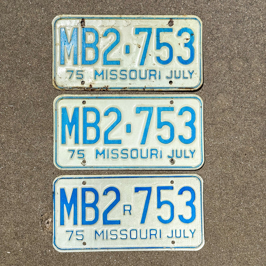 Photo of a 1975 Missouri License Plate Set Auto Tag Garage Decor Vintage Set of 3 with Replacement MB2 753