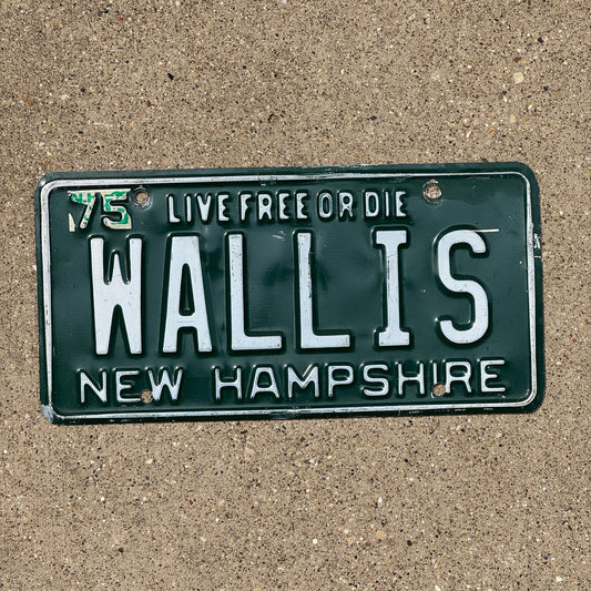 Photo of a 1975 New Hampshire Vanity License Plate Auto Tag Garage Decor Vintage Name WALLIS