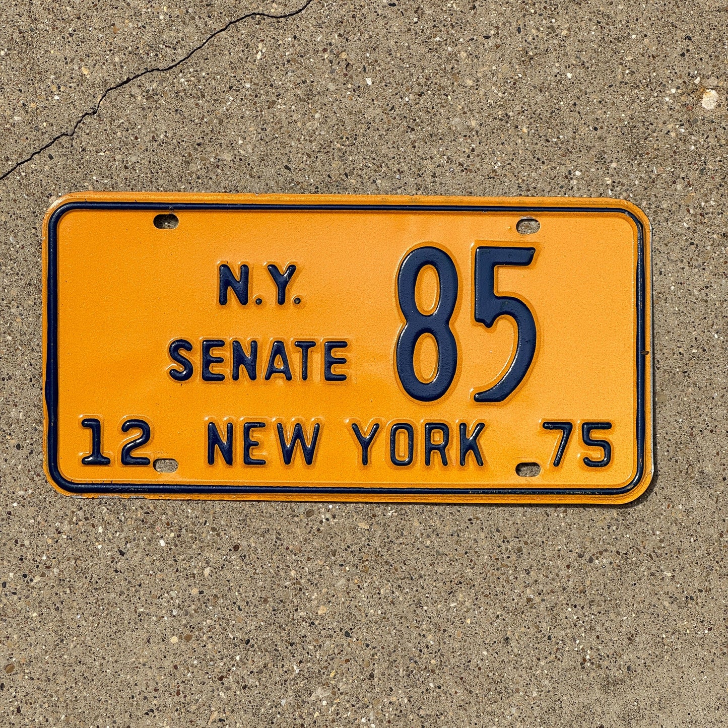 Photo of a 1975 New York NY Senate License Plate Auto Tag Garage Decor Vintage 85