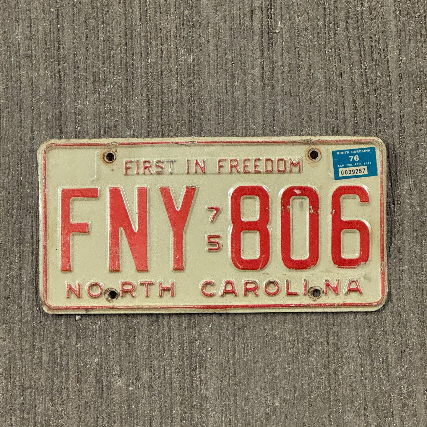 Photo of a 1975 North Carolina License Plate Auto Tag Garage Decor Vintage FNY 806