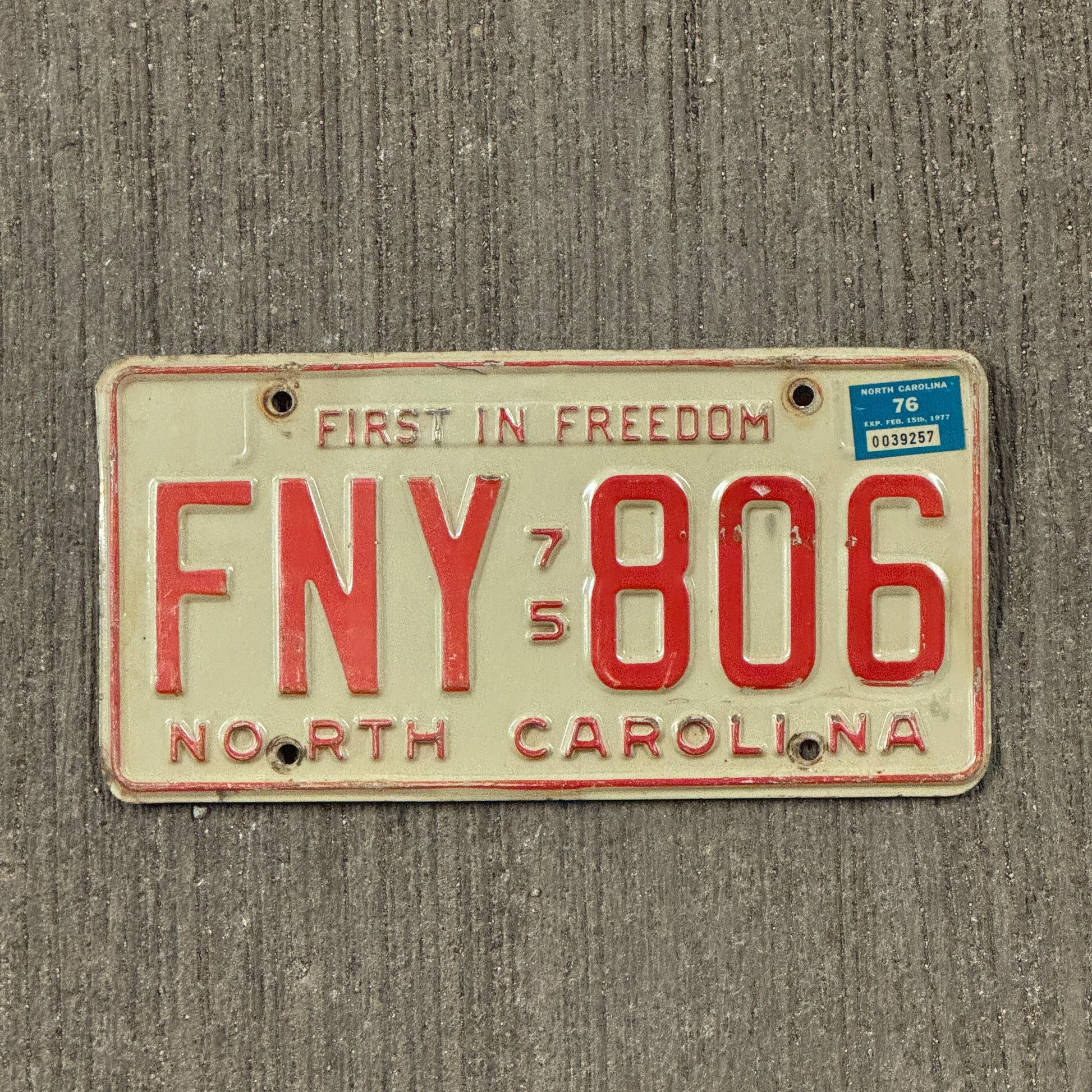 Photo of a 1975 North Carolina License Plate Auto Tag Garage Decor Vintage FNY 806