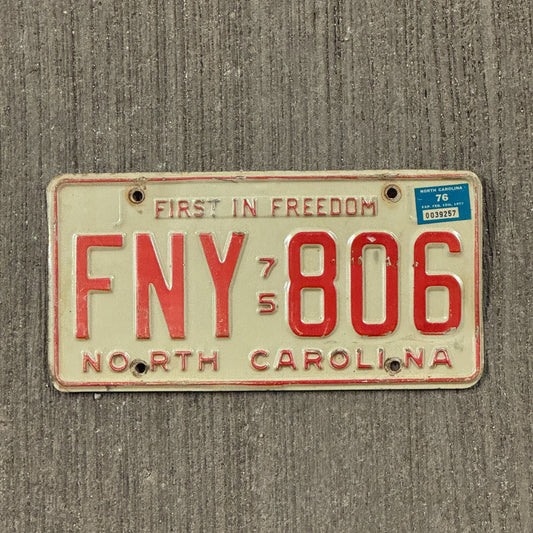 Photo of a 1975 North Carolina License Plate Auto Tag Garage Decor Vintage FNY 806