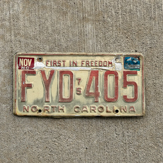 Photo of a 1975 North Carolina License Plate Auto Tag Garage Decor Vintage FYD 405 with original patina