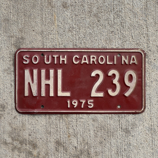 Photo of a 1975 South Carolina License Plate Auto Tag Garage Decor Vintage Hockey Fan Gift NHL 239 with original patina
