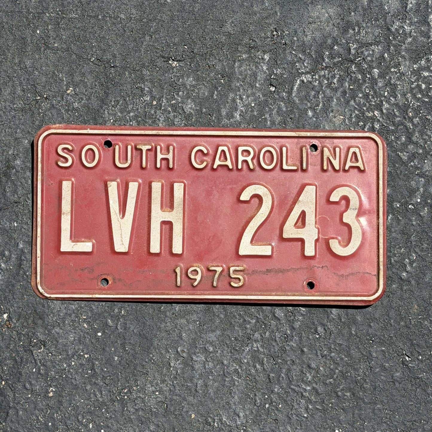 Photo of a 1975 South Carolina License Plate Auto Tag Garage Decor Vintage LVH 243 with original patina