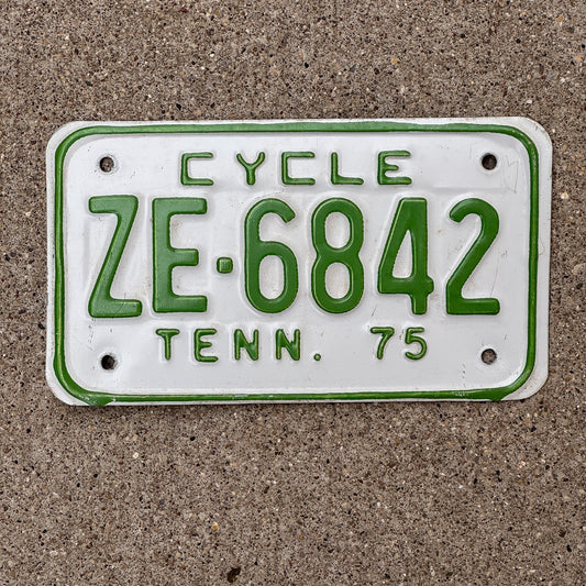 Photo of a 1975 Tennessee Motorcycle License Plate Auto Tag Garage Decor Vintage ZE 6842 with original patina