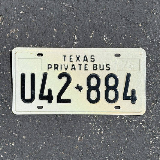 Photo of a 1975 Texas Bus License Plate Auto Tag Garage Decor Vintage Private U42 884 with original patina