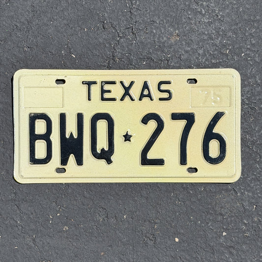 Photo of a 1975 Texas License Plate Auto Tag Garage Decor Vintage BWQ 276 with original patina