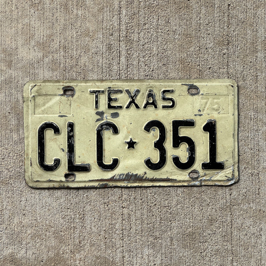 Photo of a 1975 Texas License Plate Auto Tag Garage Decor Vintage CLC 351 with original patina