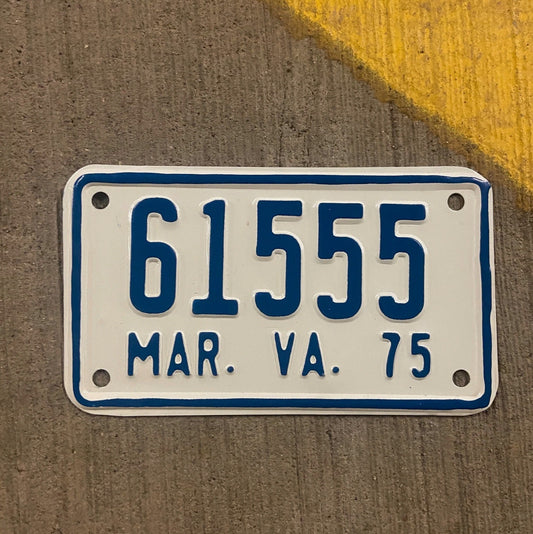 Photo of a 1975 Virginia Motorcycle License Plate Auto Tag Garage Decor Vintage 555 Repeat Repeating 61555 with original patina