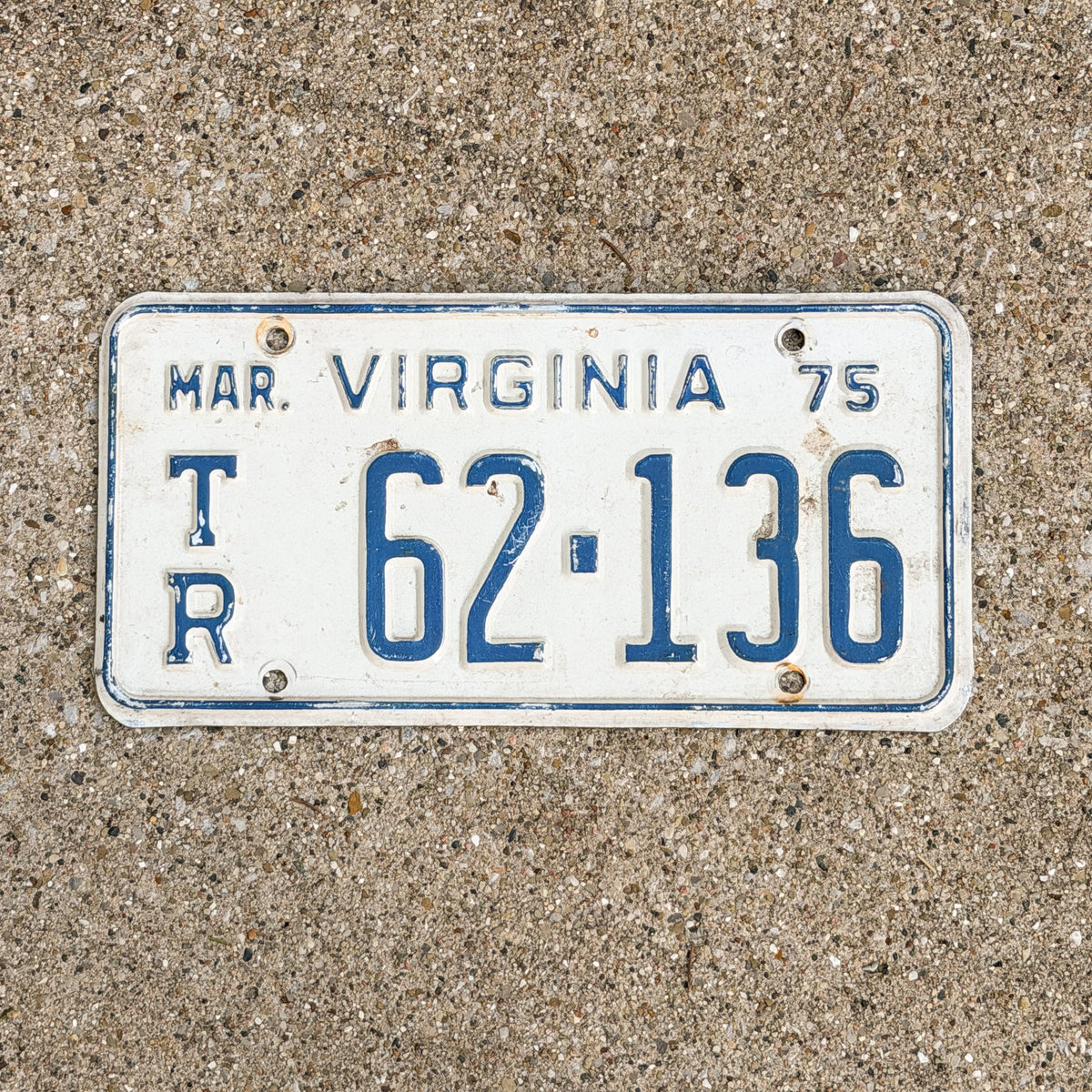 Photo of a 1975 Virginia Trailer License Plate Auto Tag Garage Decor Vintage TR 62 136 with original patina