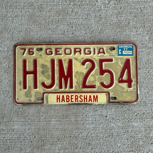 Photo of a 1976 1977 Georgia License Plate Auto Tag Garage Decor Vintage HJM 254 with original patina