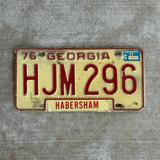 Photo of a 1976 1977 Georgia License Plate Auto Tag Garage Decor Vintage HJM 296 with original patina