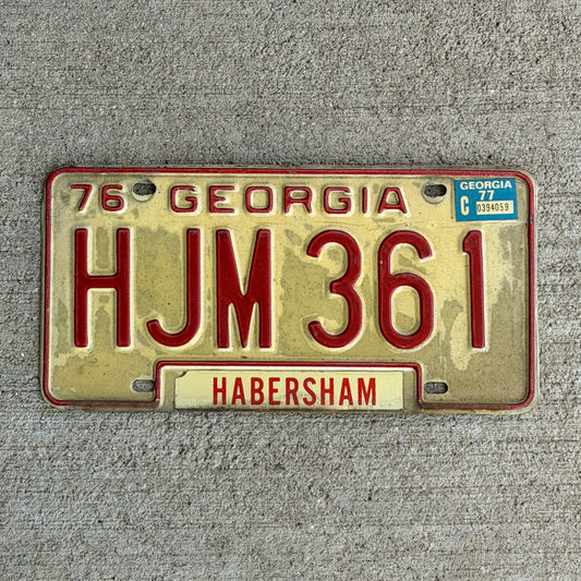 Photo of a 1976 1977 Georgia License Plate Auto Tag Garage Decor Vintage HJM 361 with original patina