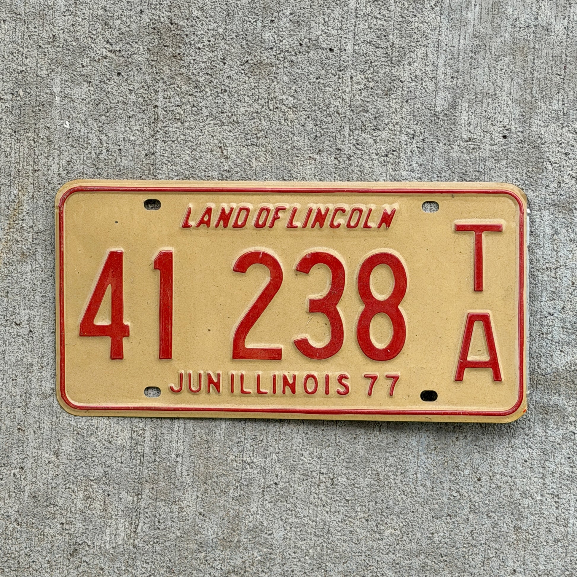 Photo of a 1976 1977 Illinois Trailer License Plate Auto Tag Garage Decor Vintage 41 238 TA with original patina