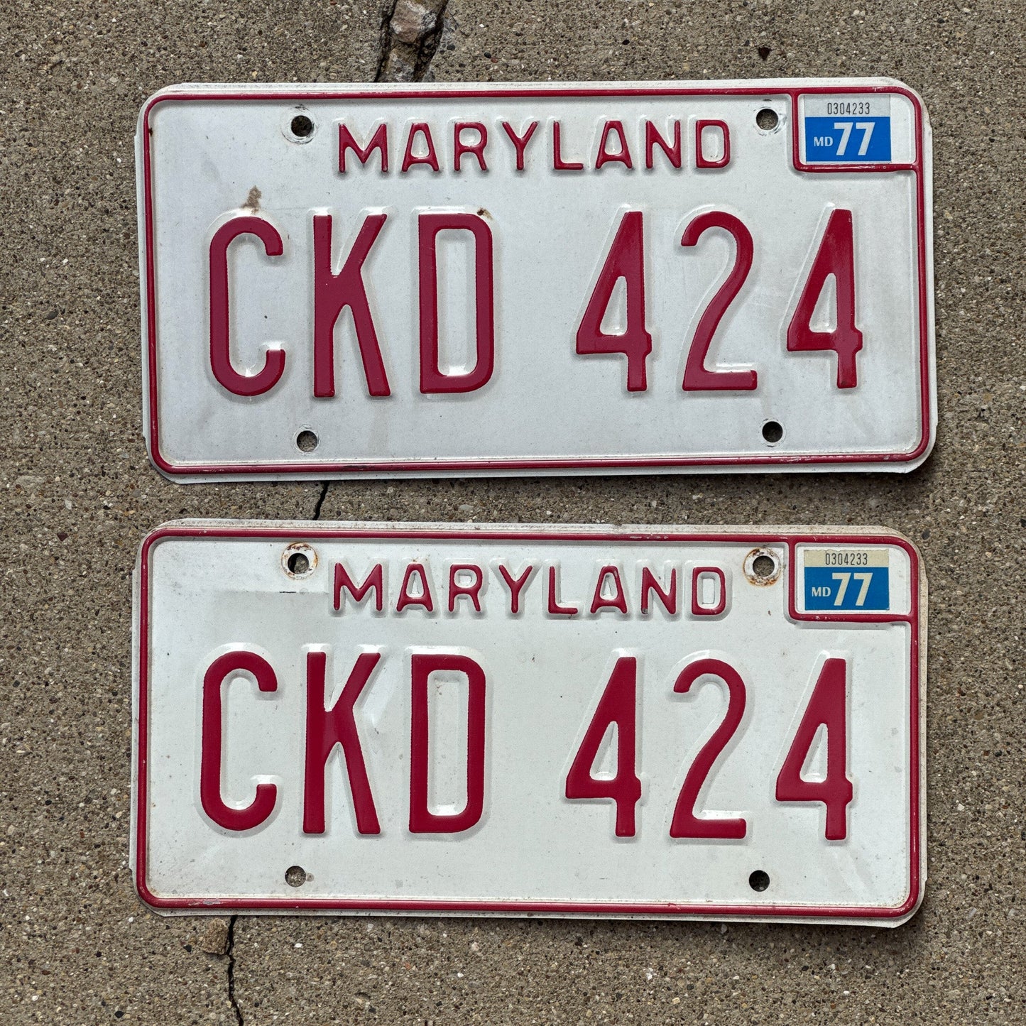 Photo of a 1976 1977 Maryland License Plate Pair Auto Tag Garage Decor Vintage CKD 424