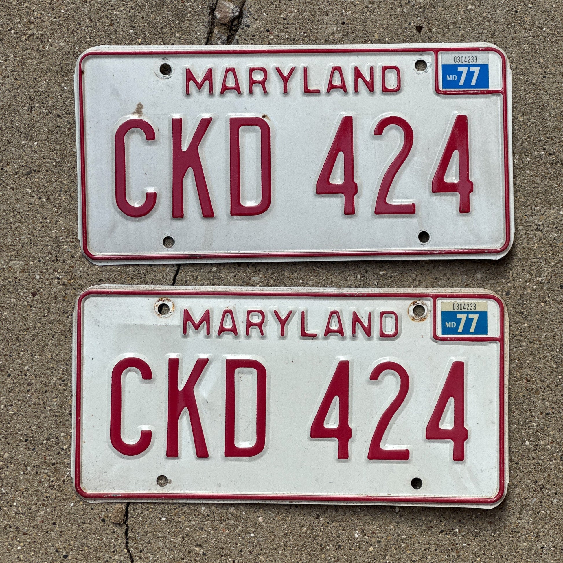Photo of a 1976 1977 Maryland License Plate Pair Auto Tag Garage Decor Vintage CKD 424