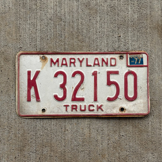 Photo of a 1976 1977 Maryland Truck License Plate Auto Tag Garage Decor Vintage K 32150 with original patina