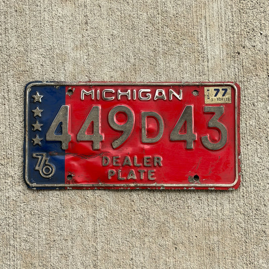 Photo of a 1976 1977 Michigan Dealer License Plate Auto Tag Garage Decor Vintage Bicentennial 449 D 43 with original patina