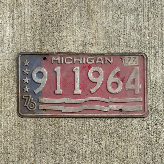 Photo of a 1976 1977 Michigan Trailer License Plate Auto Tag Garage Decor Vintage Bicentennial 911 964 with original patina