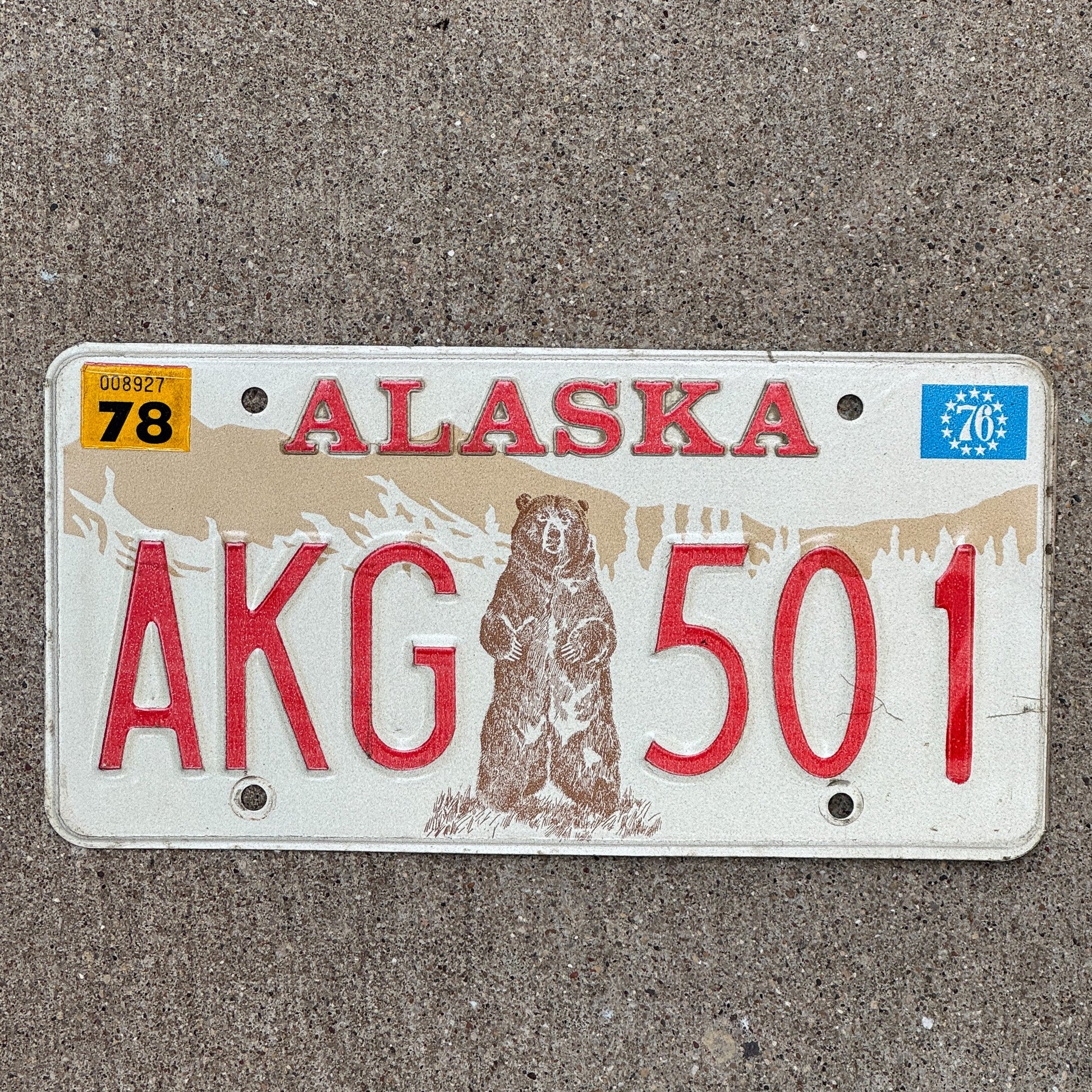 Photo of a 1976 1978 Alaska License Plate Auto Tag Garage Decor Vintage High Quality AKG 501 with original patina