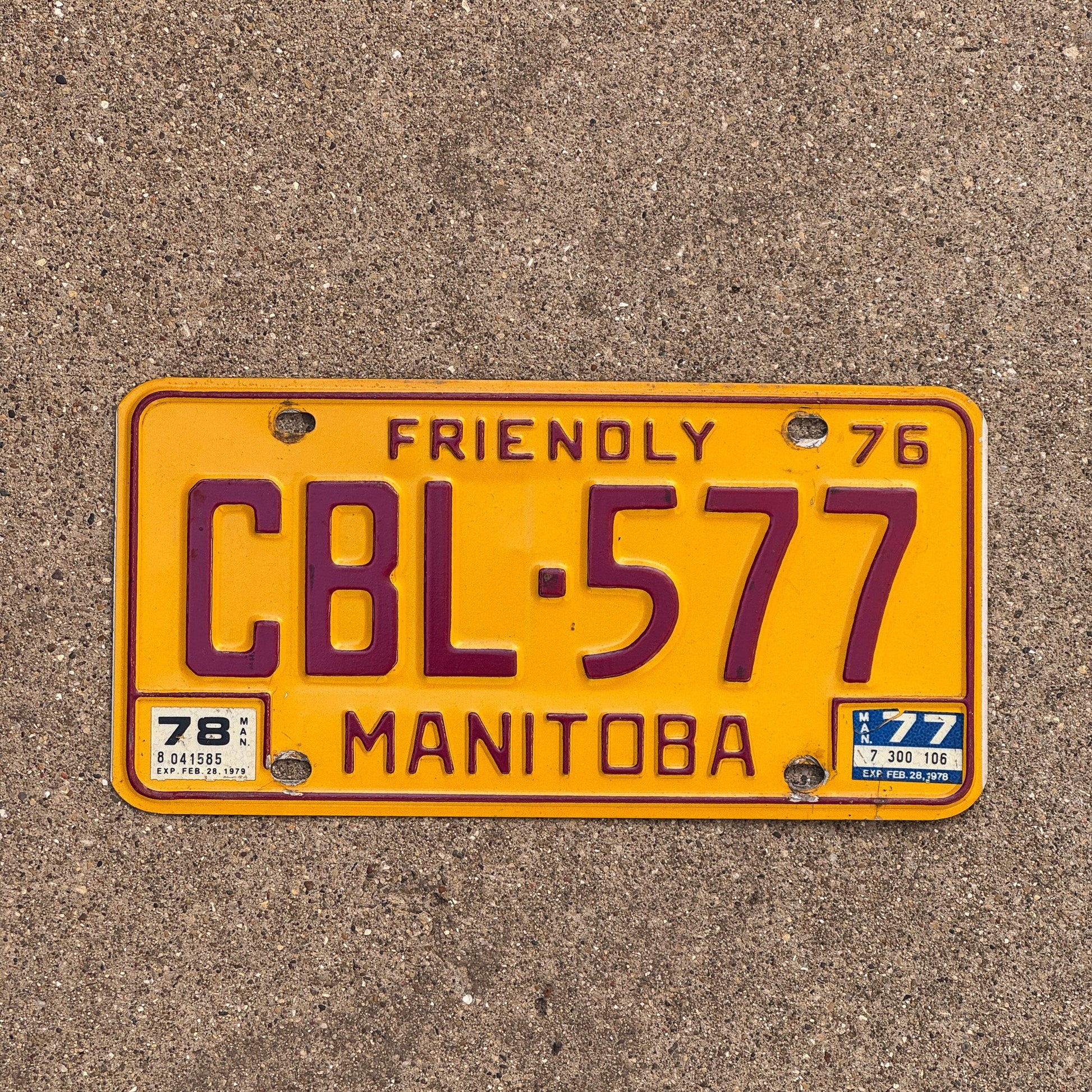 Photo of a 1976 1978 Manitoba License Plate Auto Tag Garage Decor Vintage CBL 577