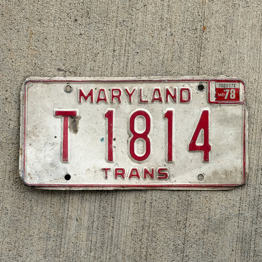 Photo of a 1976 1978 Maryland Transporter License Plate Auto Tag Garage Decor Vintage T 1814 with original patina