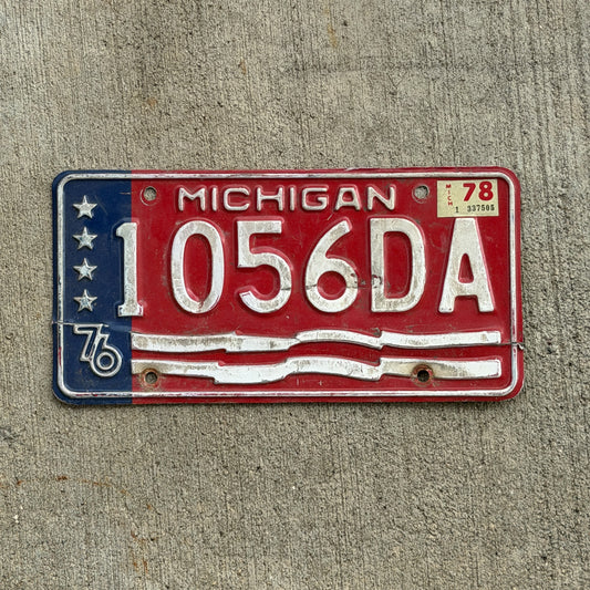Photo of a 1976 1978 Michigan Commercial License Plate Auto Tag Garage Decor Vintage Bicentennial 1056 DA with original patina