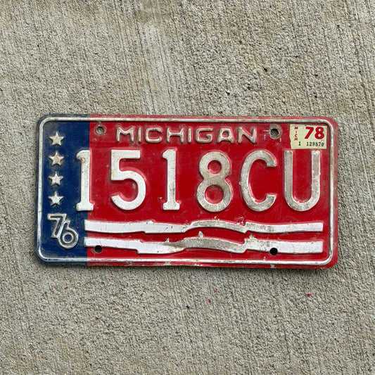 Photo of a 1976 1978 Michigan Commercial License Plate Auto Tag Garage Decor Vintage Bicentennial 1518 CU with original patina