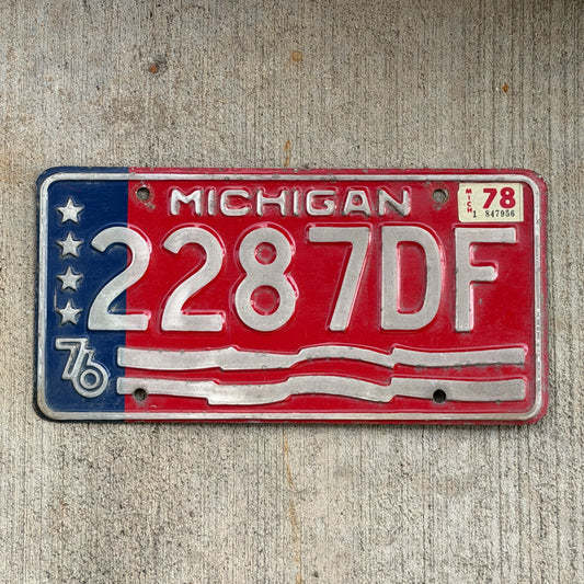 Photo of a 1976 1978 Michigan Commercial License Plate Auto Tag Garage Decor Vintage Bicentennial 2287 DF with original patina