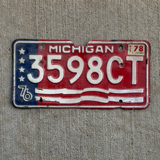 Photo of a 1976 1978 Michigan Commercial License Plate Auto Tag Garage Decor Vintage Bicentennial 3598 CT with original patina
