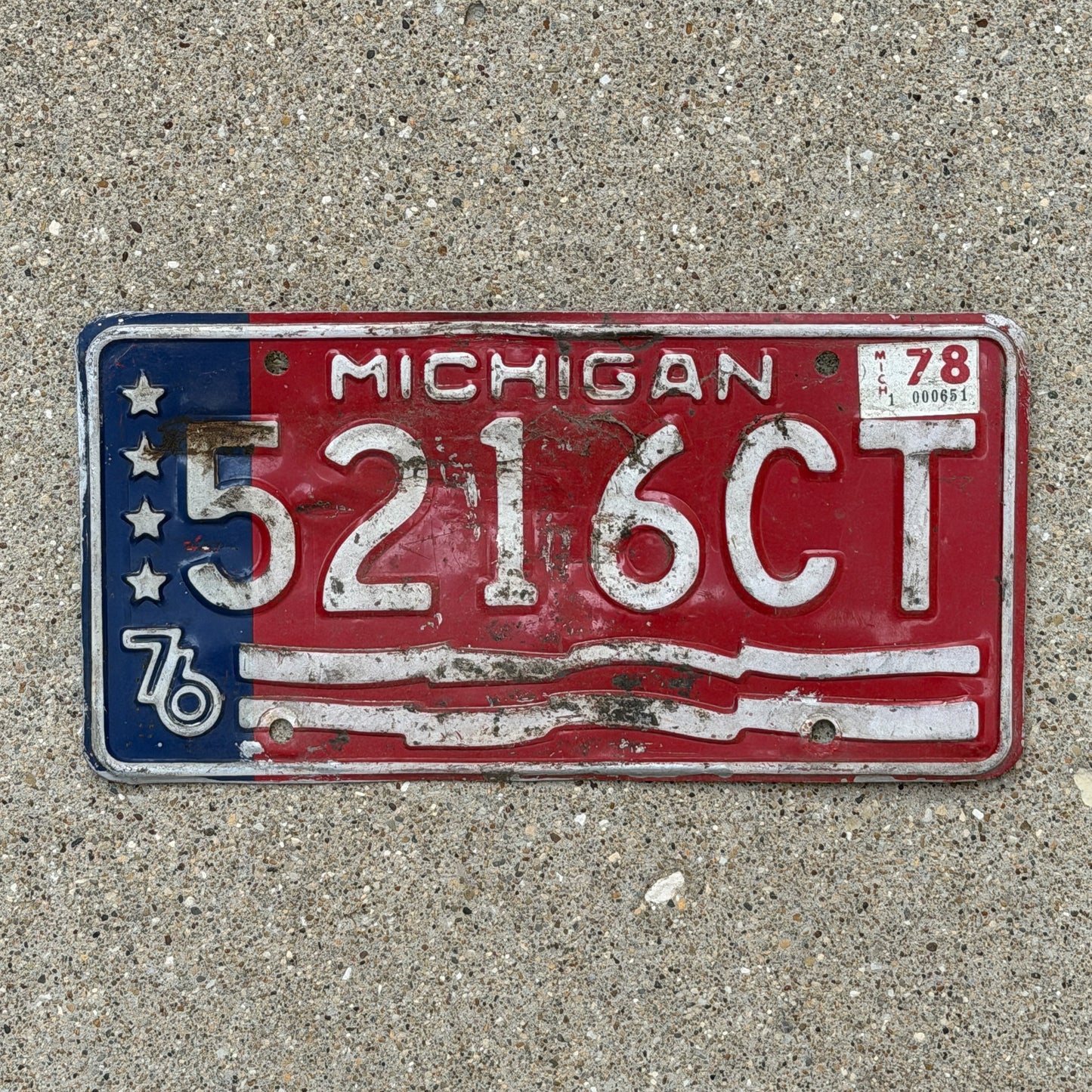 Photo of a 1976 1978 Michigan Commercial License Plate Auto Tag Garage Decor Vintage Bicentennial 5216 CT with original patina