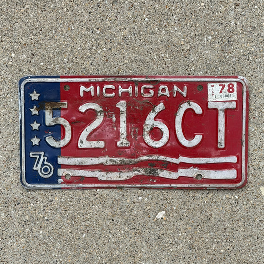 Photo of a 1976 1978 Michigan Commercial License Plate Auto Tag Garage Decor Vintage Bicentennial 5216 CT with original patina