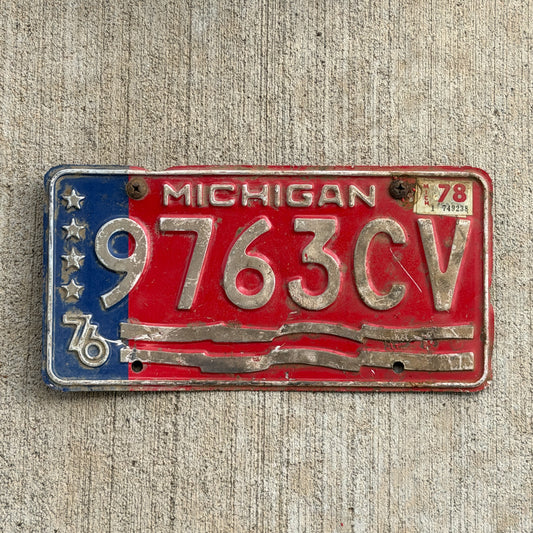 Photo of a 1976 1978 Michigan Commercial License Plate Auto Tag Garage Decor Vintage Bicentennial 9763 CV with original patina