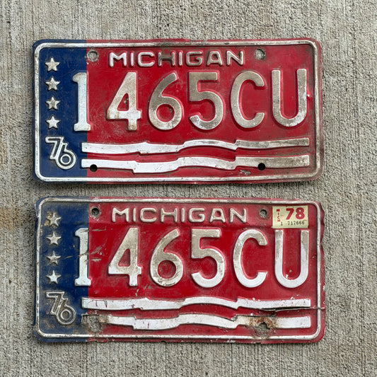 Photo of a 1976 1978 Michigan Commercial License Plate Pair Auto Tag Garage Decor Vintage Bicentennial 1465 CU with original patina
